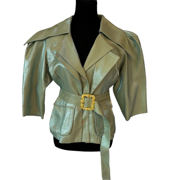 Cream Metallic Sheen Belted Jacket - Picture 14 of 15